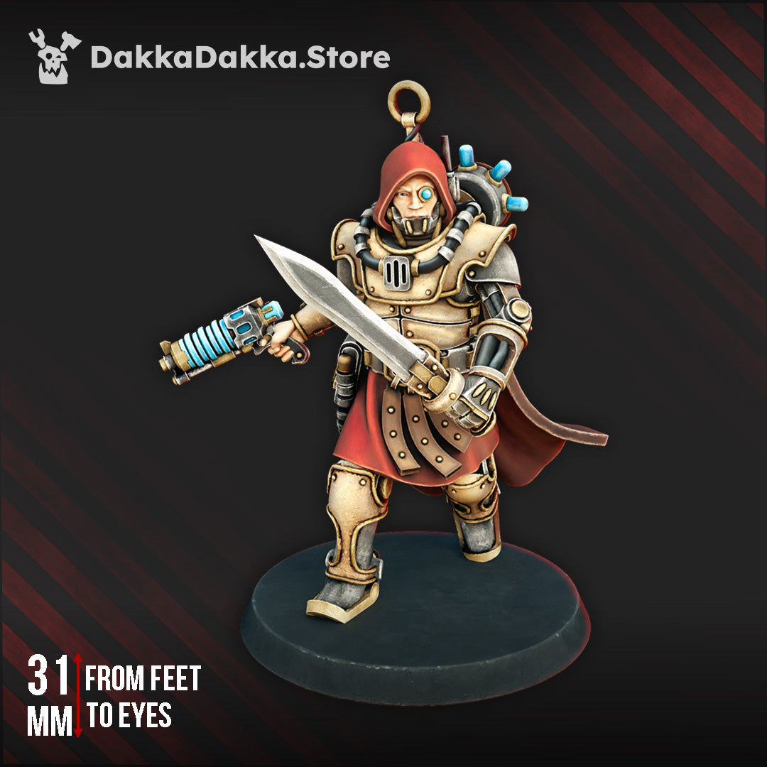 Miniature figurine with armor and weapon on a dark background, branded 'DakkaDakka.Store'.