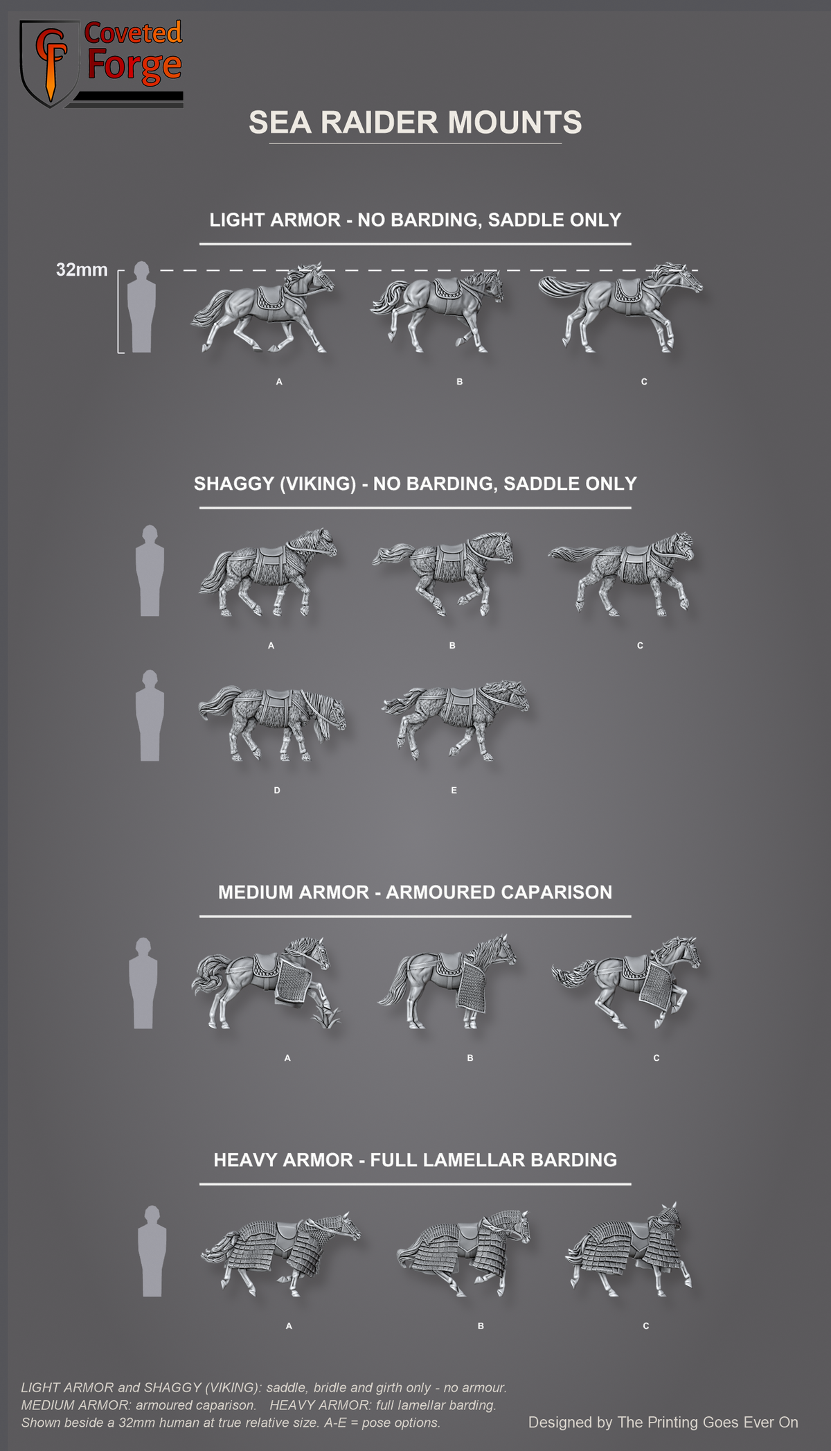 All fourteen Sea Raider horse mounts labeled by style and pose, shown beside a 32mm human for scale