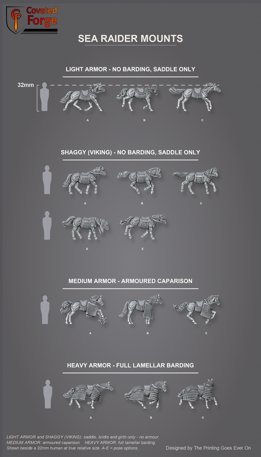 All fourteen Sea Raider horse mounts labeled by style and pose, shown beside a 32mm human for scale