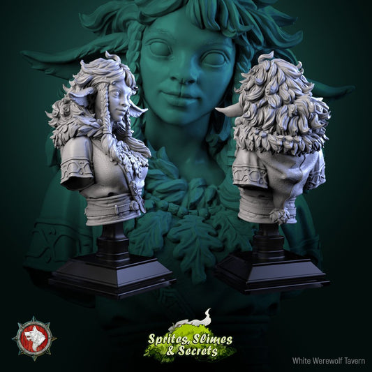 Render of Shael Silverheart Bust | Forest Warden Collector Bust: Fawn-eared forest warden bust with braids and leafy collar, from White Werewolf's Sprites, Slimes and Secrets. 3D printed resin collector bust.