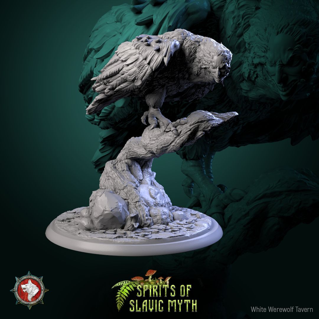 Render of Sirin | 32mm Slavic Bird-Woman Miniatures: Six woman-headed sirin birds on branches and stones, from White Werewolf's Spirits of Slavic Myth. 32mm 3D printed resin folklore, single or full set.