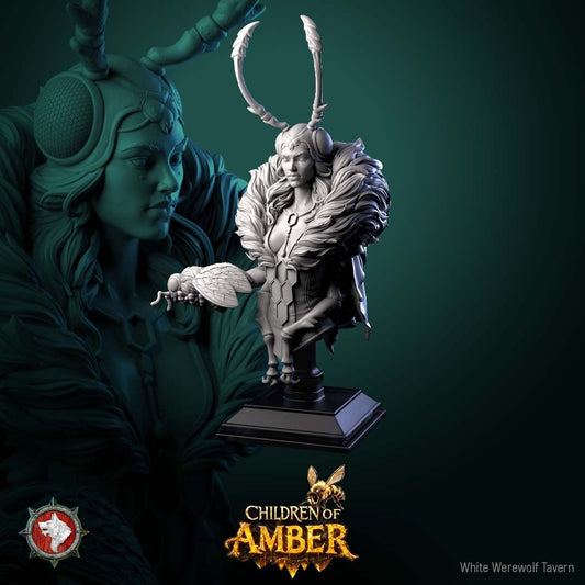 Render of The Amber Queen Bust | Fantasy Insect Queen Display Bust: A display bust of the fey insect hive queen from White Werewolf's Children of Amber, with antennae and fur mantle. Dark-fantasy 3D printed resin bust.