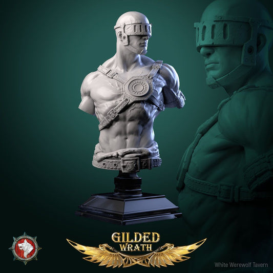 Render of The Dread Artisan Bust | Blind Smith Collector Bust: Slab-helmed blind smith bust with sun-disc harness, from White Werewolf's Gilded Wrath. 3D printed resin collector bust with stand.
