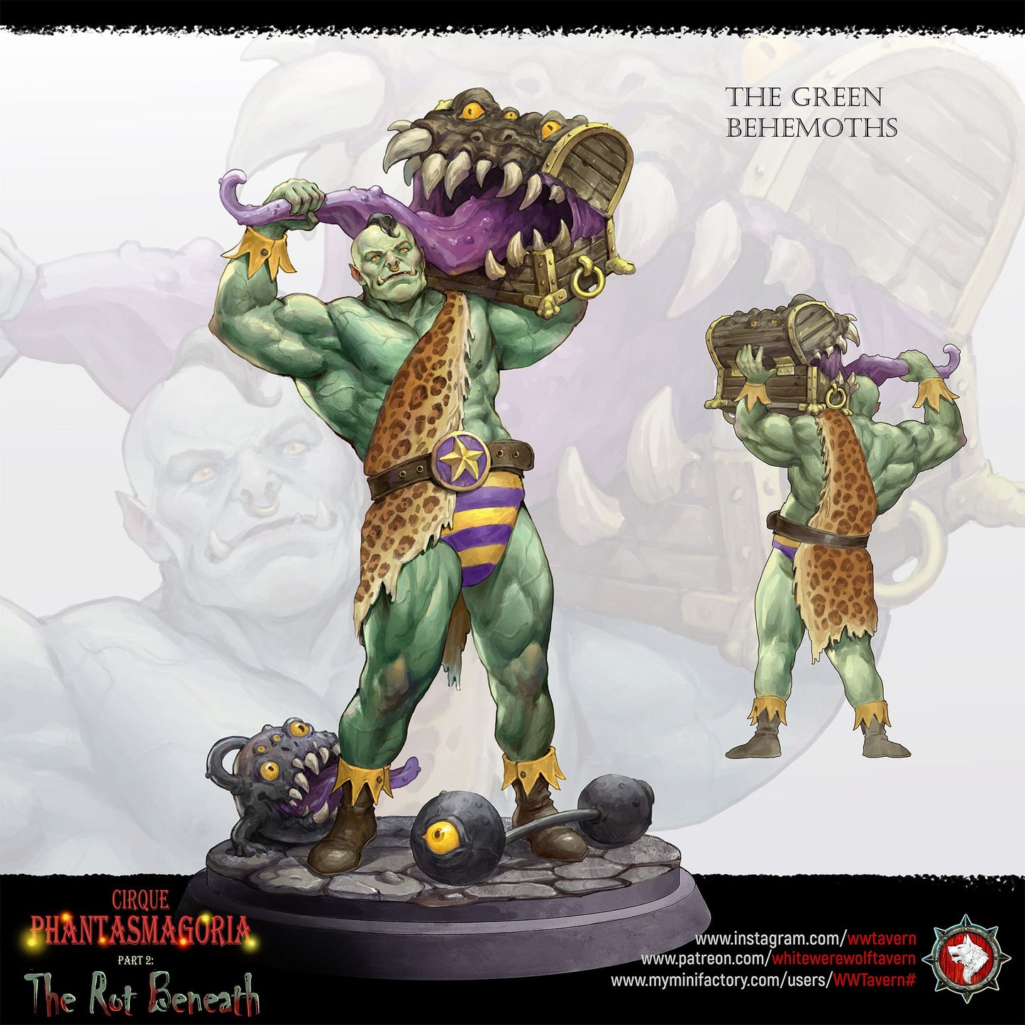 Render of The Green Behemoths | 32mm Circus Strongman Miniatures: Six orcish circus strongmen hoisting mimic chests and dumbbells, from White Werewolf's The Rot Beneath dark carnival. 32mm resin, single or full set.