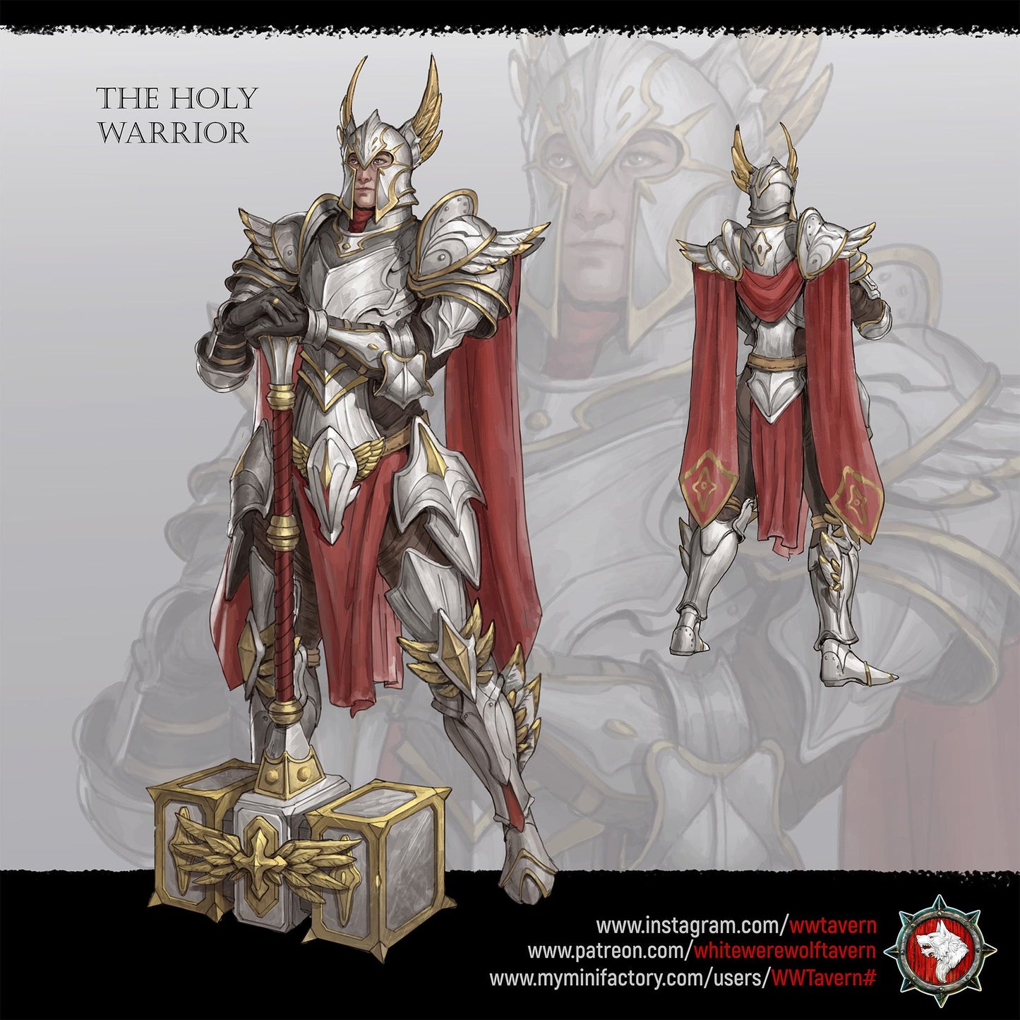 Render of The Holy Warrior | 32-75mm Fantasy Paladin Knight Miniature: Full-plate fantasy paladin with a winged helm, long cape, and long-hafted hammer, from White Werewolf's Sacred Few release. 32-75mm 3D printed resin.