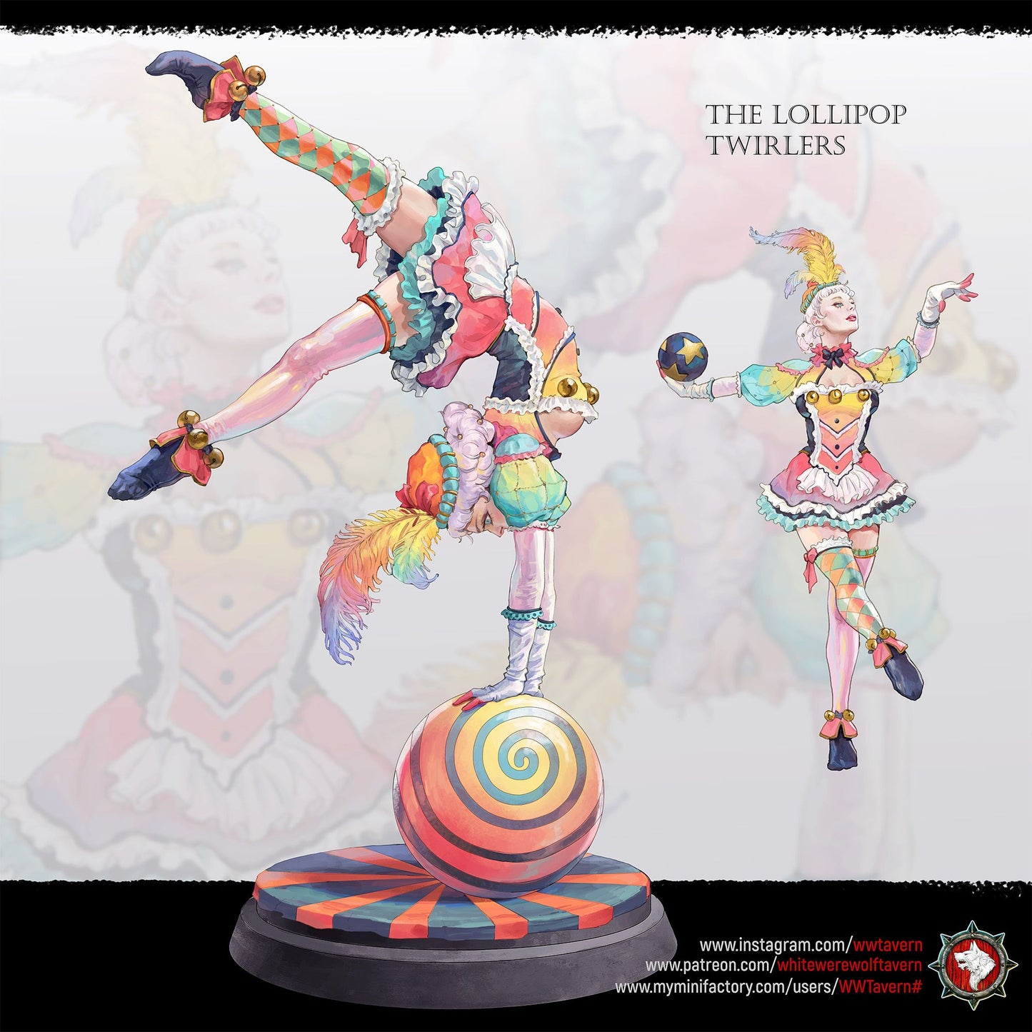 Render of Lollipop Twirler Display Model | 75mm Circus Acrobat: Feather-crowned circus acrobat on a swirl ball, from White Werewolf's The Marvel Hour dark carnival. 75mm 3D printed resin display model.