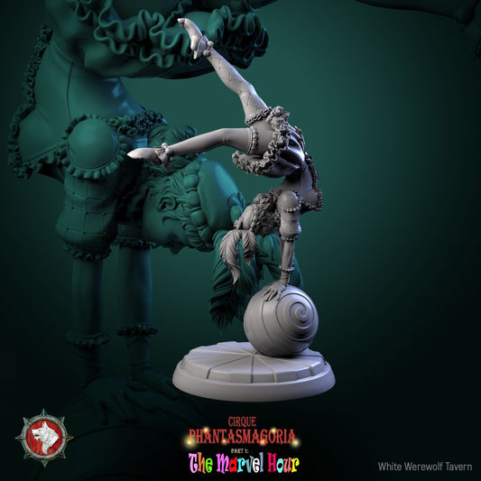 Render of The Lollipop Twirlers | 32mm Circus Acrobat Miniatures: Six circus acrobats on swirl balls, poles, and hoops, from White Werewolf's The Marvel Hour dark carnival. 32mm 3D printed resin, single or full set.