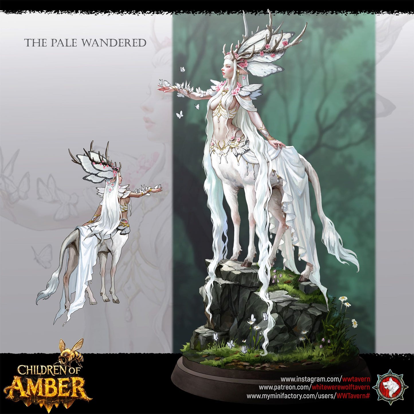 Render of The Pale Wanderer | 32-75mm Fantasy Deer Centaur Fey Miniature: Ethereal female deer-centaur forest spirit with antlers and a butterfly headdress, from White Werewolf's Children of Amber. 32-75mm 3D printed resin.