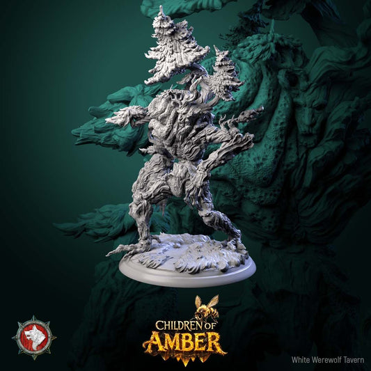 Render of The Rooted Warden | 32mm Treant Forest Guardian Miniature: Huge treant forest guardian with pine trees on its shoulders and a hanging beehive, from White Werewolf's Children of Amber. 32mm 3D printed resin monster.