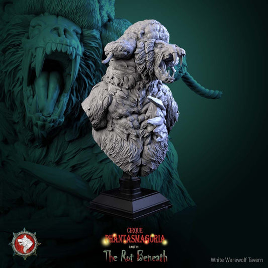 Render of The Rotting Rider Bust | Undead Circus Bear Collector Bust: Stitched undead circus bear bust with torn ruff collar and snarling maw, from White Werewolf's The Rot Beneath. 3D printed resin collector bust.