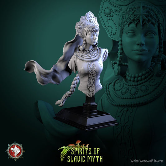 Render of The Swan Princess Bust | Slavic Folklore Collector Bust: Swan princess bust in kokoshnik crown with bead collars and veil, from White Werewolf's Spirits of Slavic Myth. 3D printed resin collector bust.