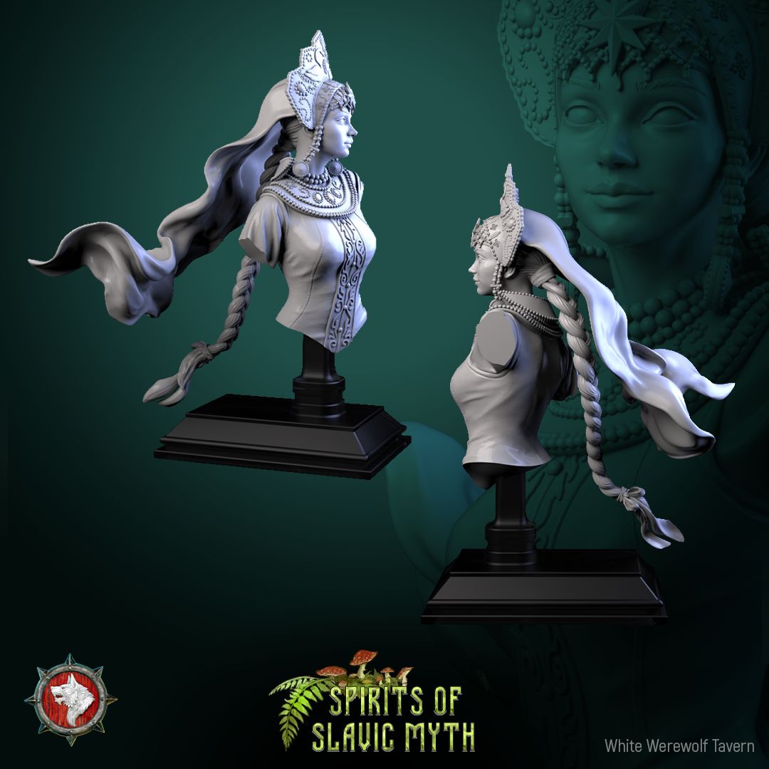 Render of The Swan Princess Bust | Slavic Folklore Collector Bust: Swan princess bust in kokoshnik crown with bead collars and veil, from White Werewolf's Spirits of Slavic Myth. 3D printed resin collector bust.