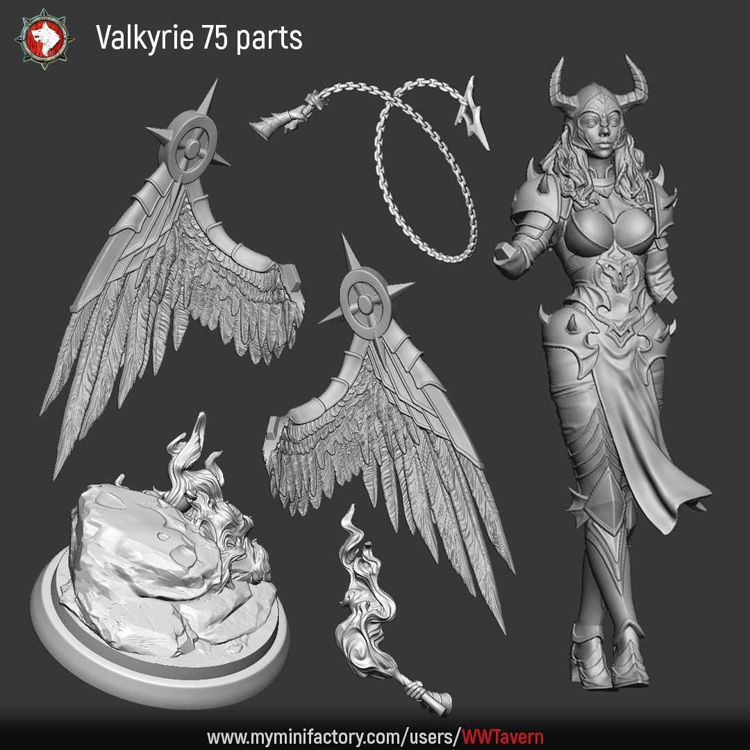 Render of Valkyrie | 32-75mm Fantasy Female Winged Warrior Miniature: Winged female warrior with a flaming brand and chained blade, from White Werewolf's Sacred Few release. 32mm and 75mm 3D printed resin miniature.