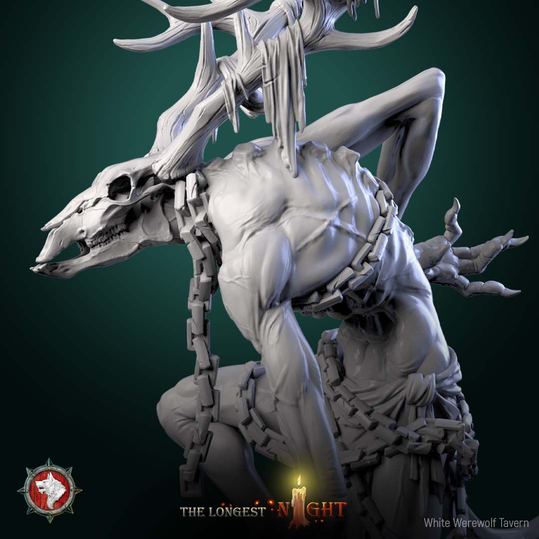 Render of Wendigo | 32-75mm Winter Horror Monster Miniature: Emaciated antlered wendigo with deer-skull face and chained talisman, from White Werewolf's The Longest Night. 32-75mm 3D printed resin monster miniature.