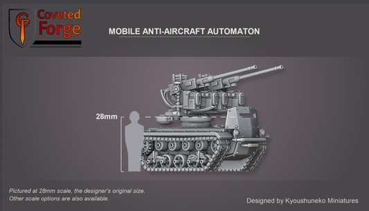 Coveted Forge scale reference: the Mobile Anti-Aircraft Automaton at 28mm beside a 28mm human silhouette, front three-quarter view, hull with tracks and turret assembled at the designer's placed positions; 15mm and 23mm downscales and 32mm to 54mm upscales also available.