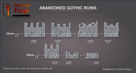Abandoned Gothic Ruins scale lineup at 32mm, the original scale: each ruin assembled and labelled beside a 32mm figure silhouette; C-Shaped Ruin 8x4in 212 x 107 x 149 mm, Corner Ruin 8x4in A 203 x 103 x 149 mm, Corner Ruin 8x4in B 203 x 103 x 161 mm, Corner Ruin 6x5in A 154 x 127 x 150 mm, Corner Ruin 6x5in B 153 x 118 x 149 mm, Low Wall 5x3.5in A 133 x 88 x 75 mm, Low Wall 5x3.5in B 142 x 101 x 65 mm (Coveted Forge scale render)