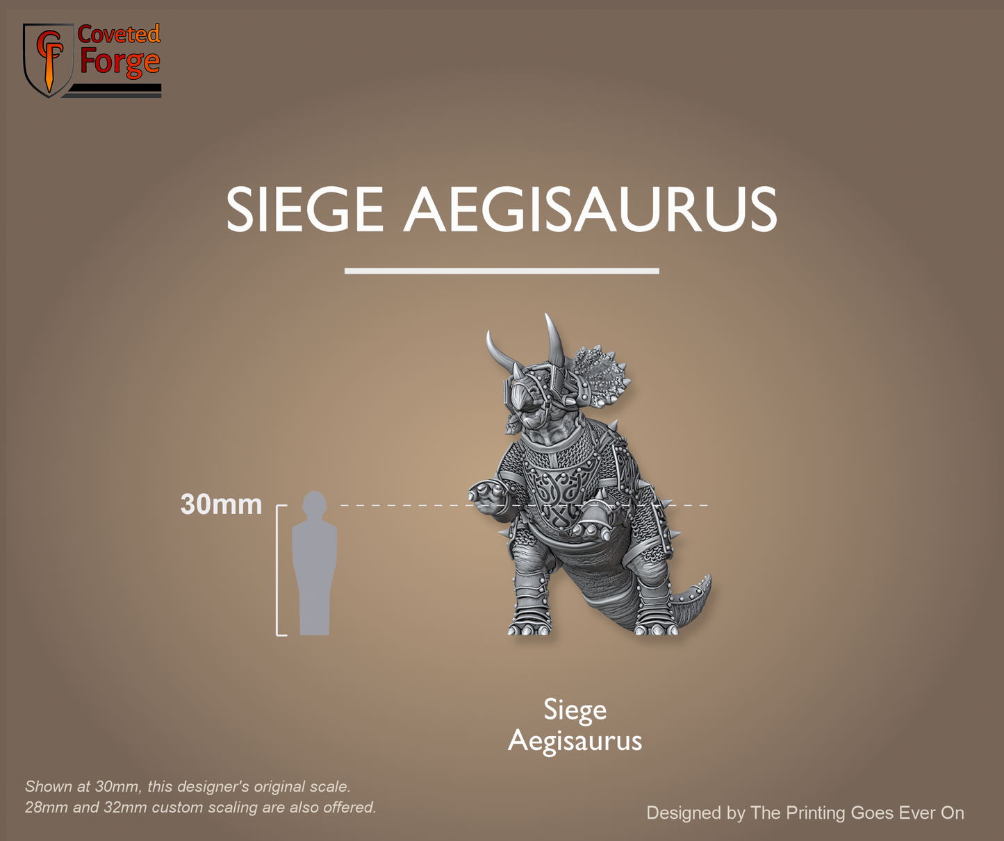 Siege Aegisaurus armored orc dinosaur shown at 30mm beside a human silhouette with eye-height scale bracket