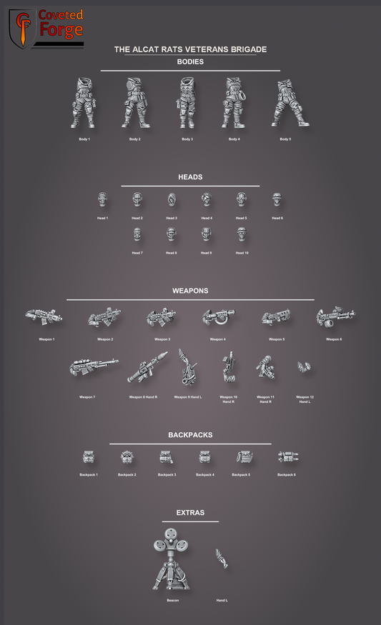 The Alcat Rats Veterans Brigade build kit parts grid: bodies, heads, weapons, backpacks and extras