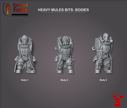 Coveted Forge bits sheet: Bodies (1 of 5), Alcat Heavy Mules build kit, every part labelled as in the dropdown