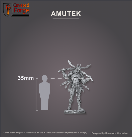 Amutek, The Slayer shown at the designer's 35mm scale, beside a 35mm human silhouette (measured to the eye), feet aligned to the top of the model's base, on a charcoal studio backdrop. Ronin Arts Workshop.