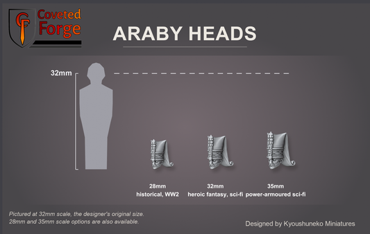 Coveted Forge scale reference: one Araby Janissary Gunners head at 28mm, 32mm and 35mm scale beside a 32mm human silhouette, front three-quarter view, each scale labelled with the ranges it suits (28mm historical and WW2, 32mm heroic fantasy and sci-fi, 35mm power-armoured sci-fi); 32mm is the designer's original size, a downscaled 28mm and an upscaled 35mm option are also available; every head style is the same scale.