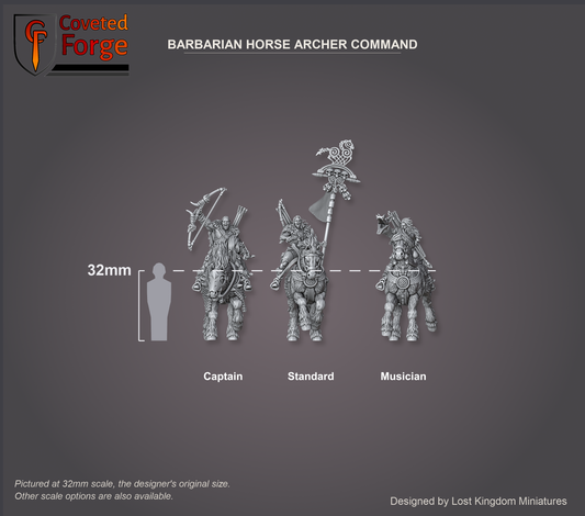 Scale reference render of the barbarian horse archer command group beside a 32mm human silhouette