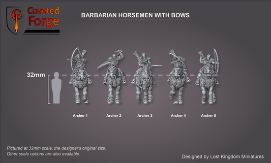 Scale reference render of the five barbarian horse archers beside a 32mm human silhouette