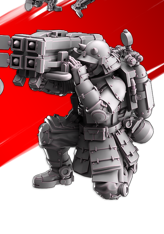 IJN Armored Assault heavy anti-tank grenadier crouched with a quad-tube grenade launcher