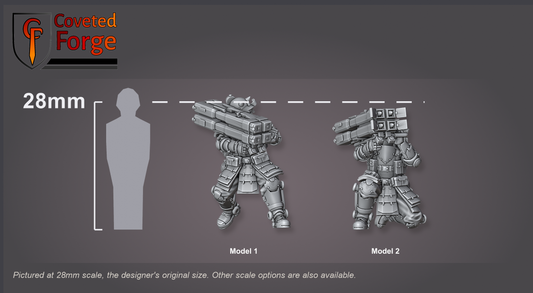 The IJN Armored Assault Anti-Tank Grenade Launcher team shown at 28mm native scale beside a 28mm human silhouette for scale reference; also offered from 15mm to 54mm.