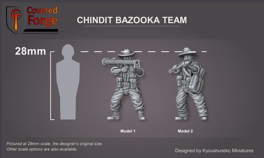 Coveted Forge scale reference: the two Chindit bazooka team models at 28mm beside a 28mm human silhouette, labelled Model 1 and Model 2; also offered from 15mm to 54mm.