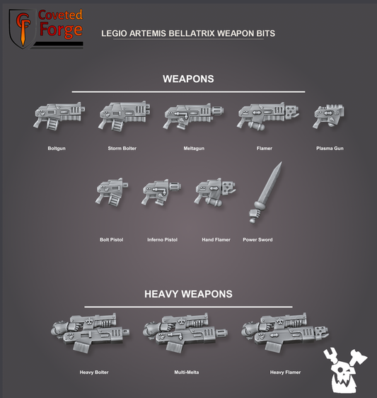 Labeled weapon bits for the Bellatrix squad in side profile: boltgun, storm bolter, meltagun, flamer, plasma, pistols, power sword, and heavy bolter, multi-melta and heavy flamer