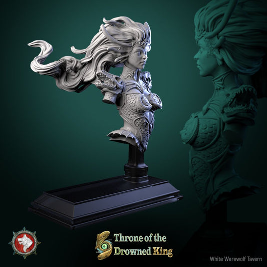 Render of Morwenna Bust | Swamp Maiden Collector Bust: Wild-haired swamp maiden bust with scaled bodice and shoulder fins, from White Werewolf's Throne of the Drowned King. 3D printed resin bust.