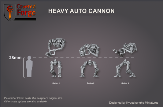 Coveted Forge scale reference: Heavy Auto Cannon body and leg options beside a 28mm human silhouette with a 28mm reference line.