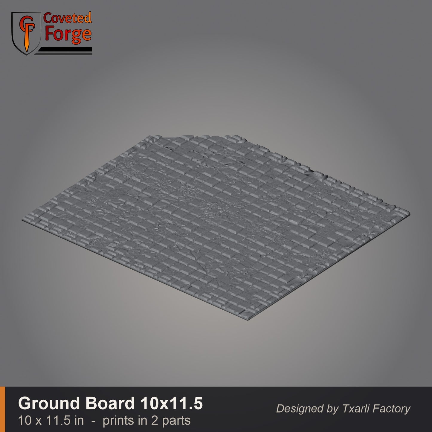 Large paved gothic ground board, 10 by 11.5 inch battlefield tile that prints in two parts, CF clay render. 3D printed resin gothic sci-fi wargaming terrain, unpainted, Warhammer 40K Sector Imperialis proxy scenery, designed by Txarli Factory.