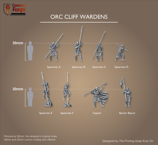 Orc Cliff Wardens full unit lineup, all eight sculpts labeled in two rows, each beside a 30mm human scale reference
