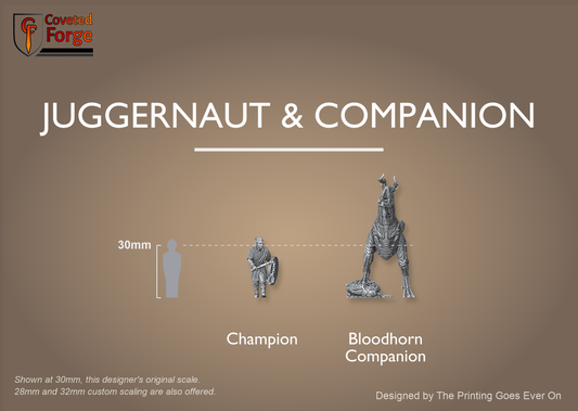 Orc Juggernaut champion and rearing Bloodhorn companion shown at 30mm beside a human silhouette with scale bracket