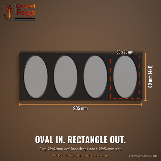 75x42mm oval to 75x50mm conversion tray dimensions, top view