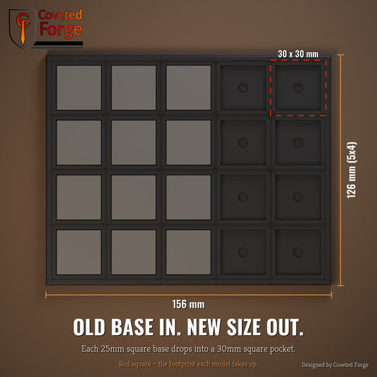 25mm to 30mm square conversion tray dimensions, top view