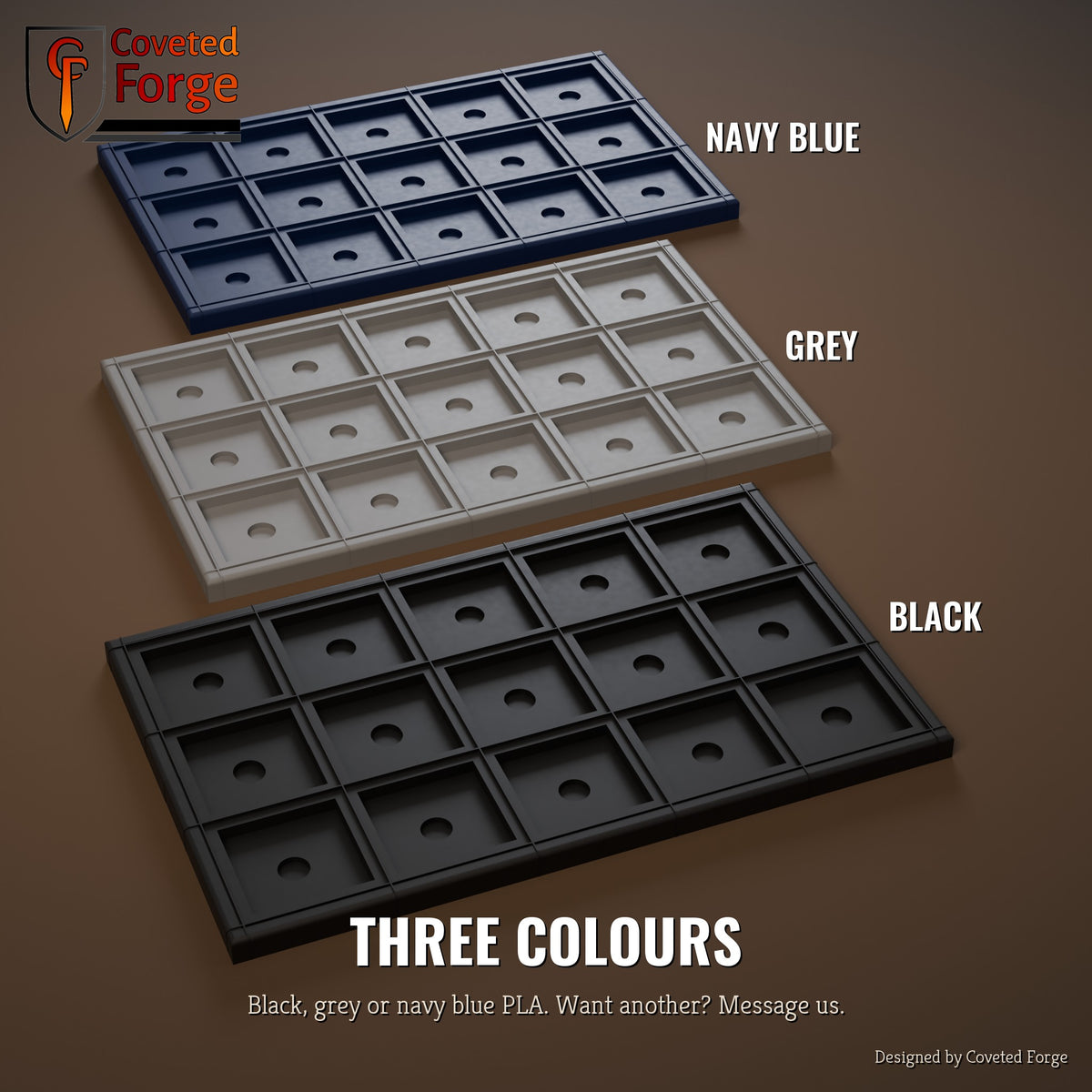 Movement tray colours: black, grey, navy blue PLA