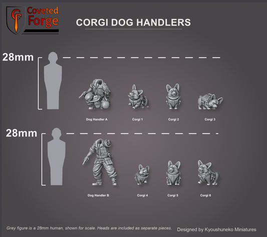 Coveted Forge scale reference: both Corgi dog handlers and all six war-corgis in two rows beside a 28mm human silhouette, heads included as separate pieces