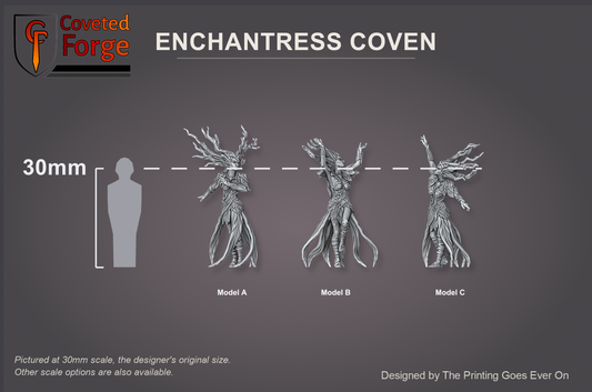 Enchantress Coven Models A B and C beside a 30mm human silhouette, pictured at 30mm original scale, also offered at 28mm and 32mm
