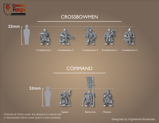 Dwarf Crossbowmen scale lineup, all eight poses across two rows with a 32mm human and bracket for scale