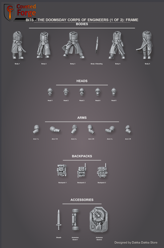 Doomsday Corps of Engineers parts guide 1 of 2: bodies, heads, arms, backpacks and accessories
