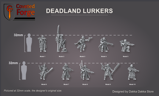 Coveted Forge scale reference: the ten Deadland Lurkers, Model 1 to 10 in dropdown order, beside a 32mm human silhouette, front three-quarter view