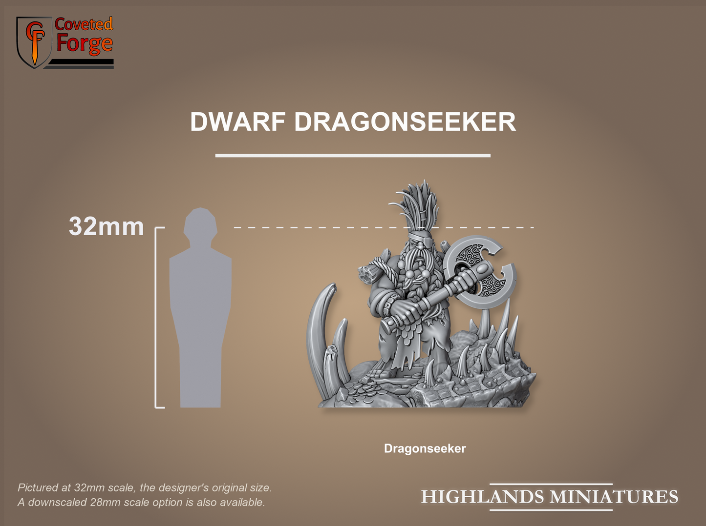 Dwarf Dragonseeker on scenic base, 32mm scale comparison