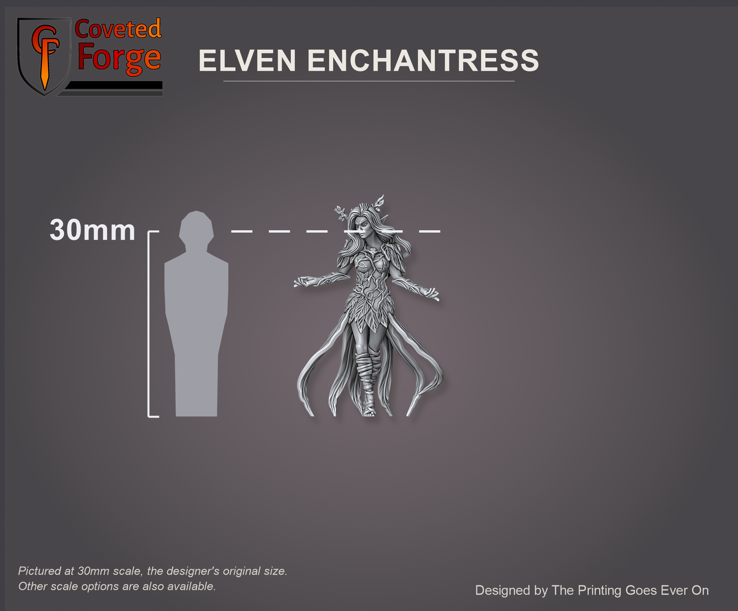 Elven Enchantress beside a 30mm human silhouette for scale, pictured at 30mm original scale, also offered at 28mm and 32mm