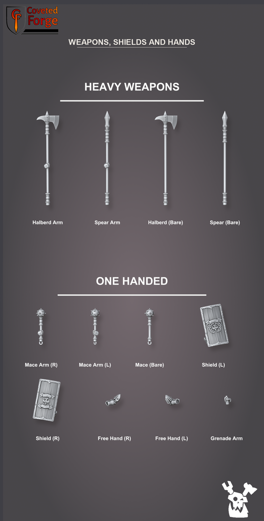 Labeled render of the Eruptrix weapon bits: halberd, spear, mace arms, bare weapons, left and right shields and hands