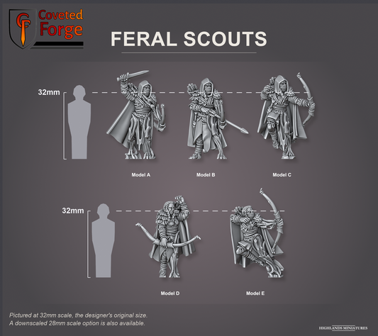 Coveted Forge scale reference: all five Feral Scouts labelled Model A to Model E, front three-quarter view, beside a 32mm human silhouette; the Complete Set of 5 shown with every model, Model A to Model E, all the same scale. Pictured at 32mm, the designer's original size, with a 28mm downscale also available.