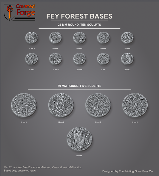 Fey Forest Bases (Round): all fifteen sculpts, ten 25 mm round and five 50 mm round, top view at true relative size; every quantity ships as an assortment of these designs; CF render of the designer's files