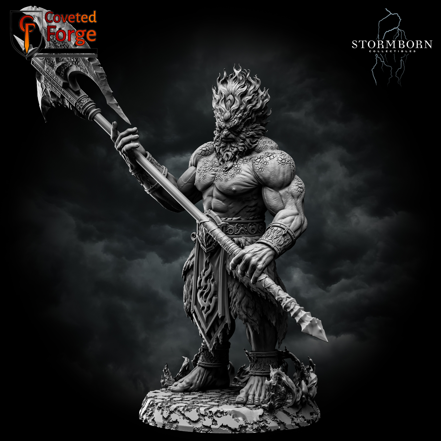 Render of Fire Giant | 63-157mm Fantasy Giant Miniature, DnD Proxy: A flame-maned fire giant with a great-axe, in six print sizes (63-157mm) incl. the original sculpt. 8K resin 3D print, a fire or greater giant proxy for DnD.